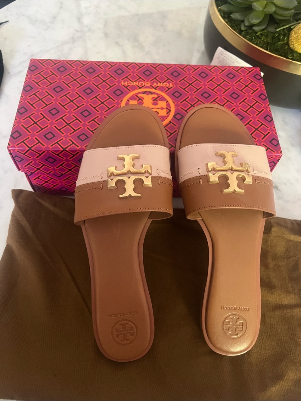 Tory Burch Brown and Pink Leather Slide Sandals with Gold Logo